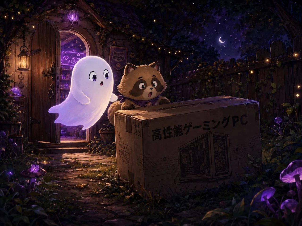 秘密基地の外に落ちていた高性能ゲーミングPCの箱を見つけた幽霊とたぬちゃん