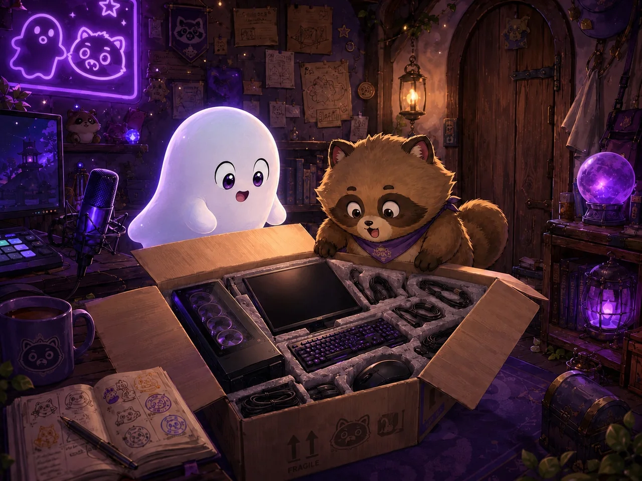 箱を開けてゲーミングPCやモニター、キーボードなどを見つけた幽霊とたぬちゃん