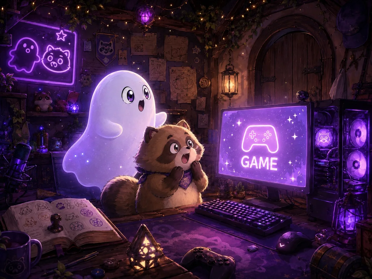 GAMEと表示された画面を見て目を輝かせる幽霊とたぬちゃん