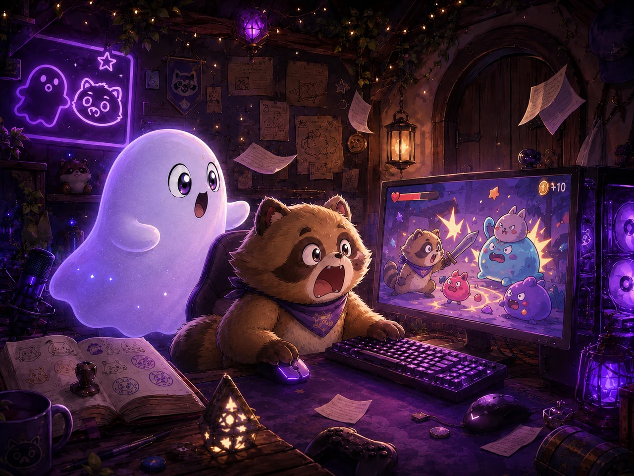 ゲーム内の敵に挑んで驚くたぬちゃんと応援する幽霊