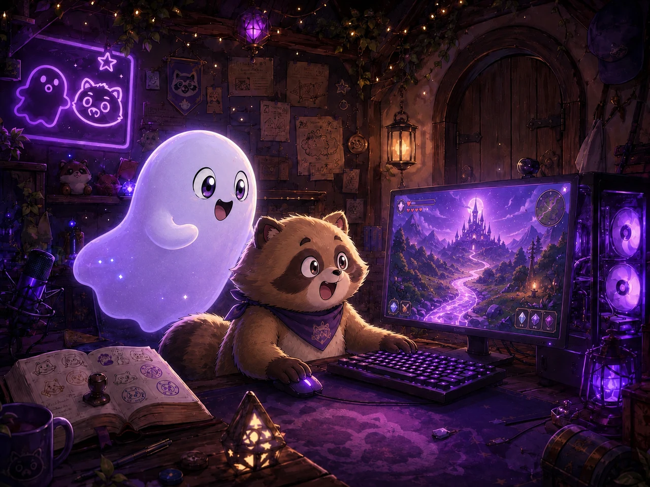 ゲームの中のお城へ続く道を前にわくわくする幽霊とたぬちゃん