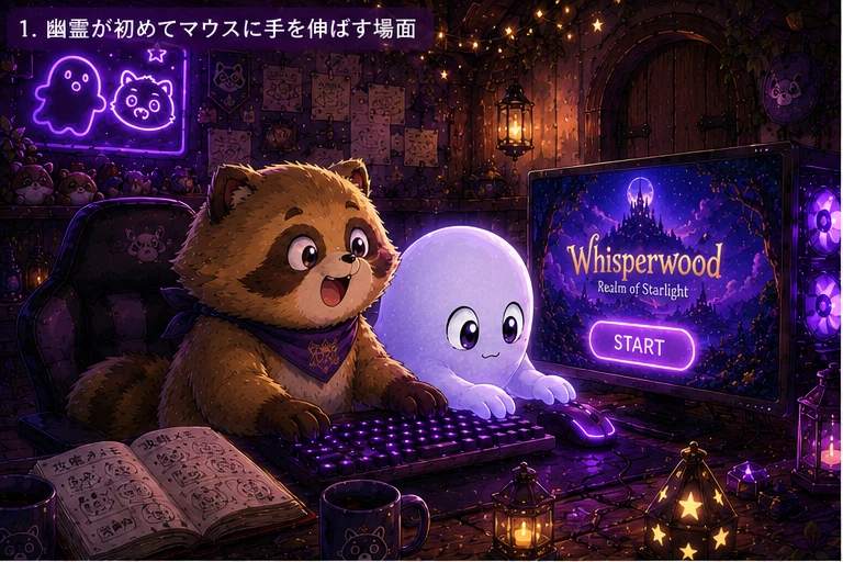 幽霊が体を机に寄せて短い両手でマウスとキーボードにそっと触れようとする場面