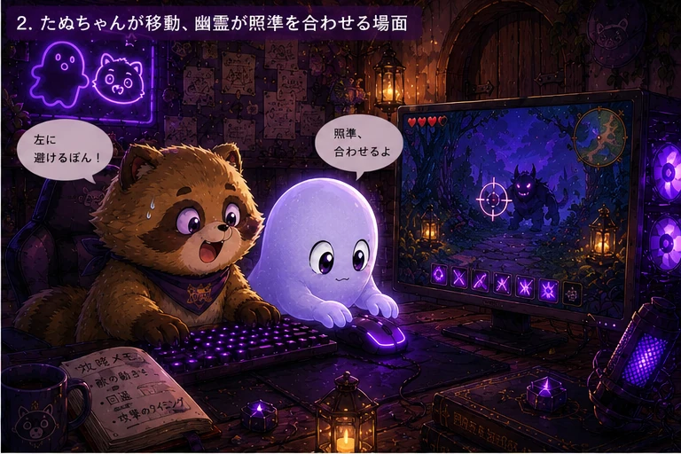 たぬちゃんがキーボードで大慌てで移動し、幽霊が短い両手で冷静にマウス操作して照準を合わせる場面
