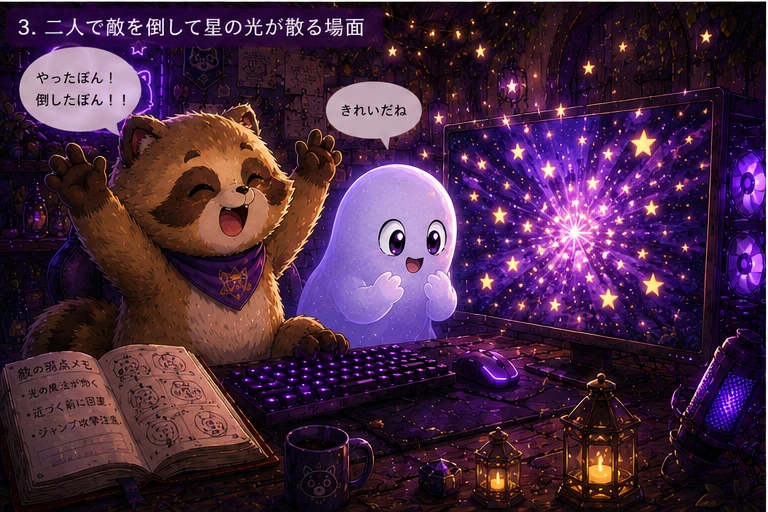 敵を倒したモニターから紫と金色の星の光が広がり、たぬちゃんが大喜びして幽霊が少し照れる場面