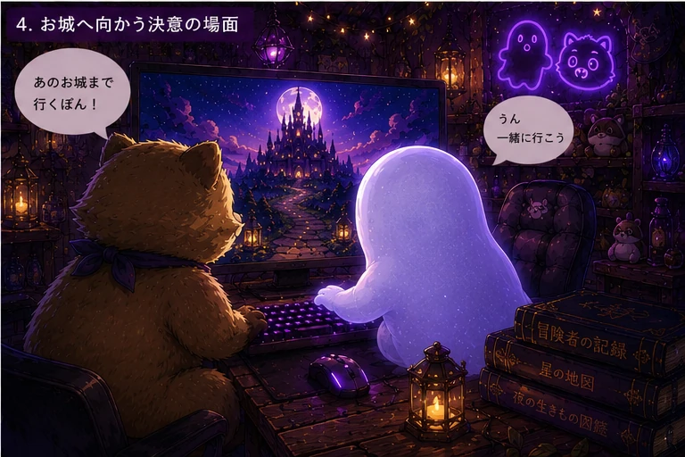 モニターに星明かりのお城が映り、幽霊とたぬちゃんが並んでキーボードとマウスの前で画面を見る場面